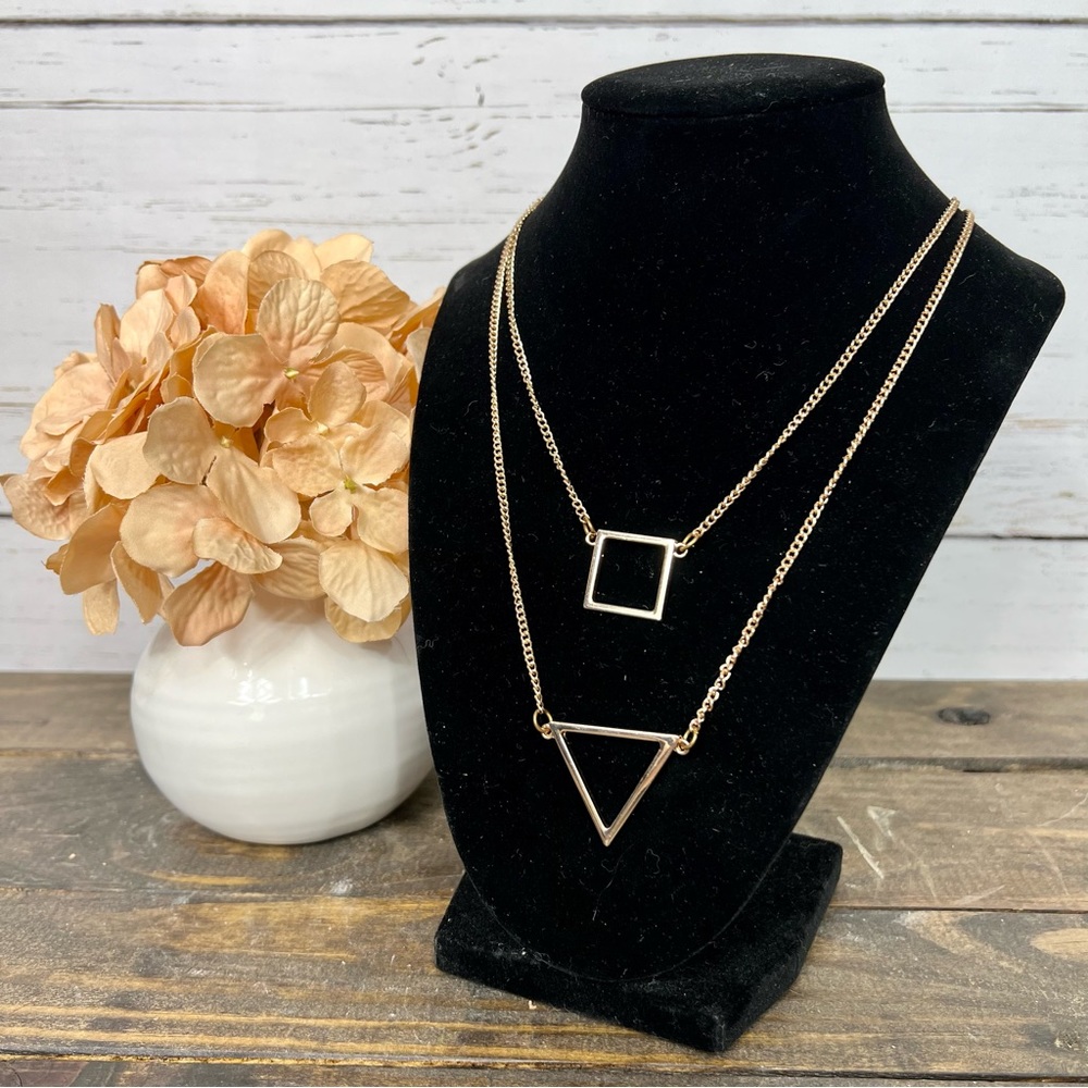 Gold Tone Geometric Two Strand Statement Necklace